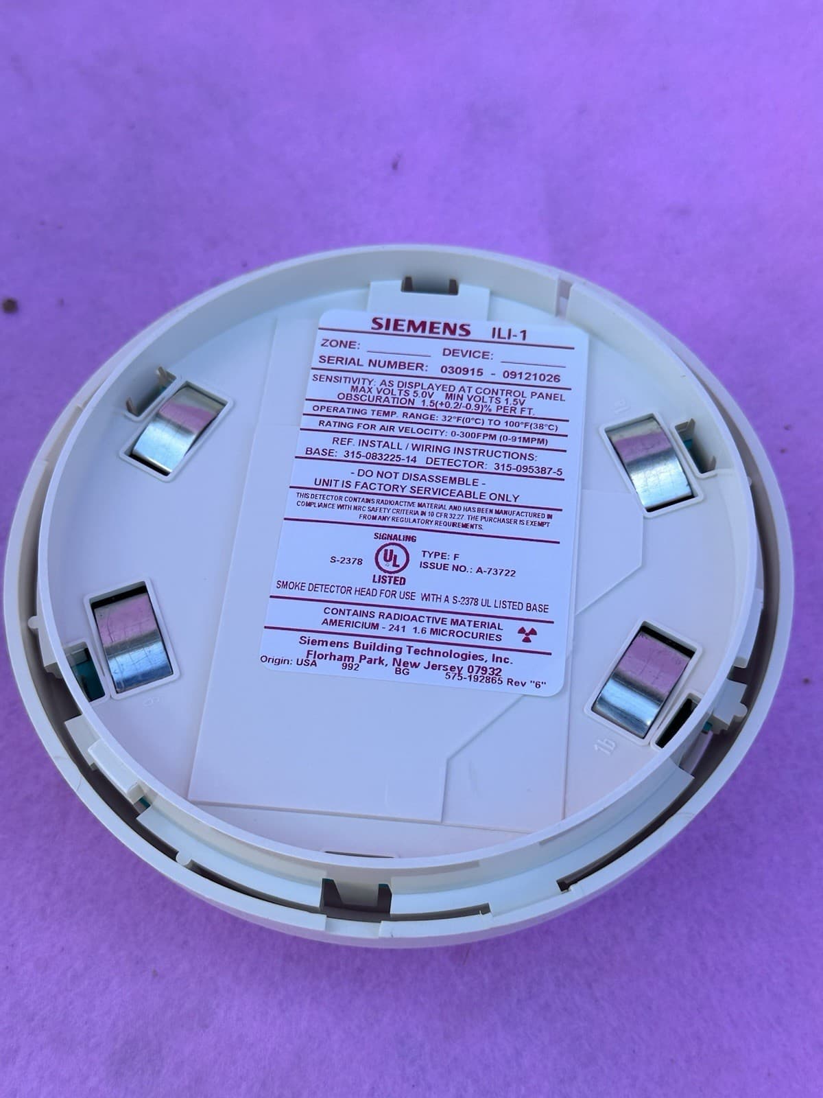 Lot Of 1.   SIEMENS ILI-1 SMOKE DETECTOR 2