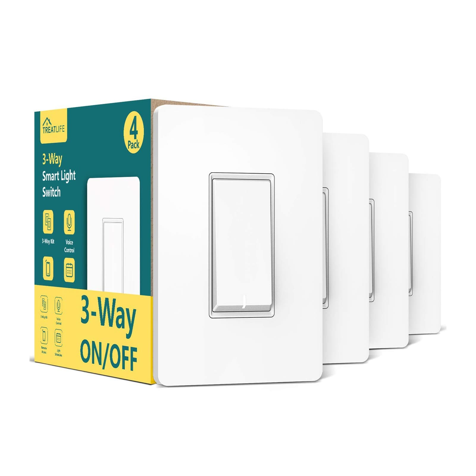 Treatlife 2.4Ghz Wifi Enabled 3 Way Smart Switch, Neutral Wire Required, 4 Pack