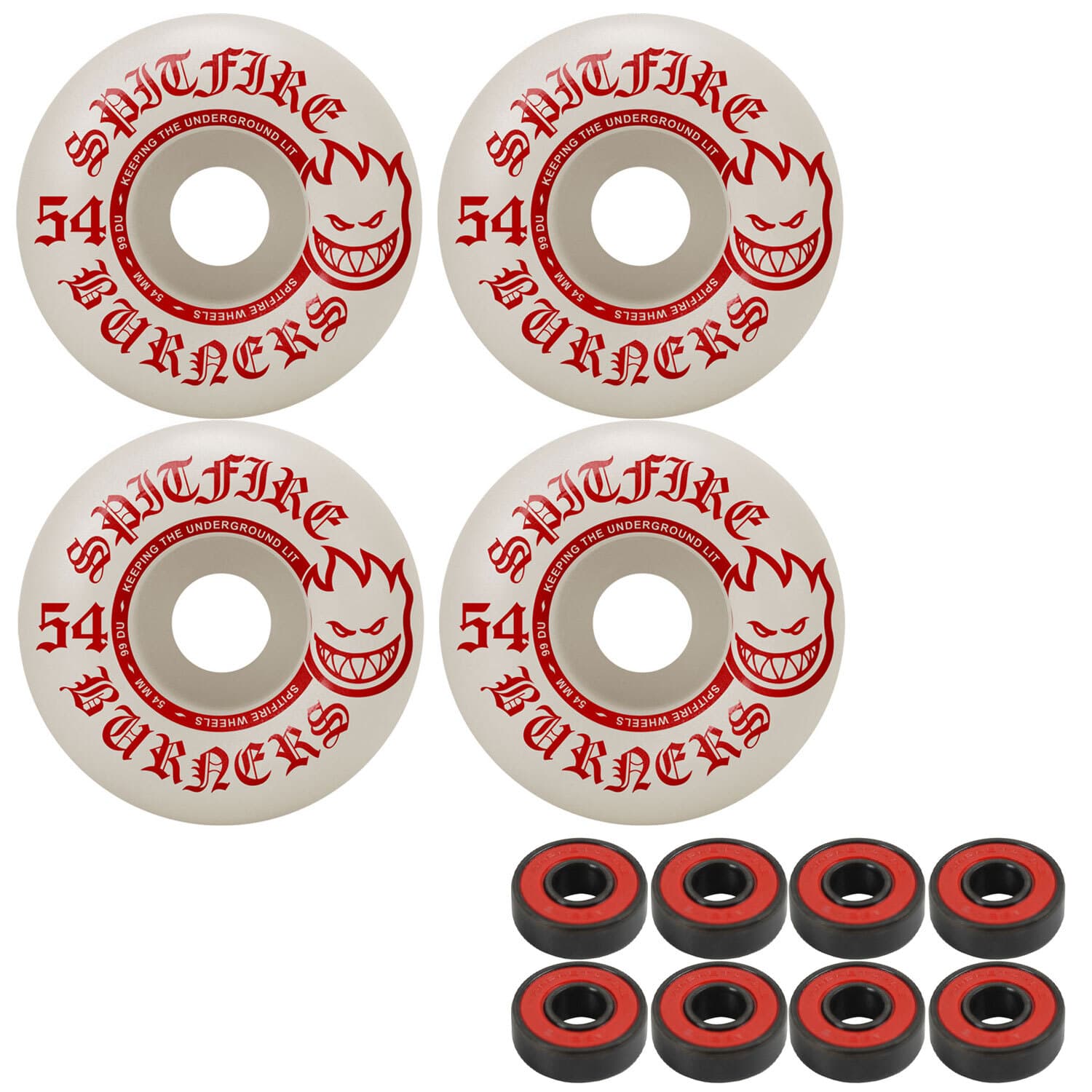 Spitfire Skateboard Wheels Burners 54mm 99A White/Red with Abec 5 Bearings