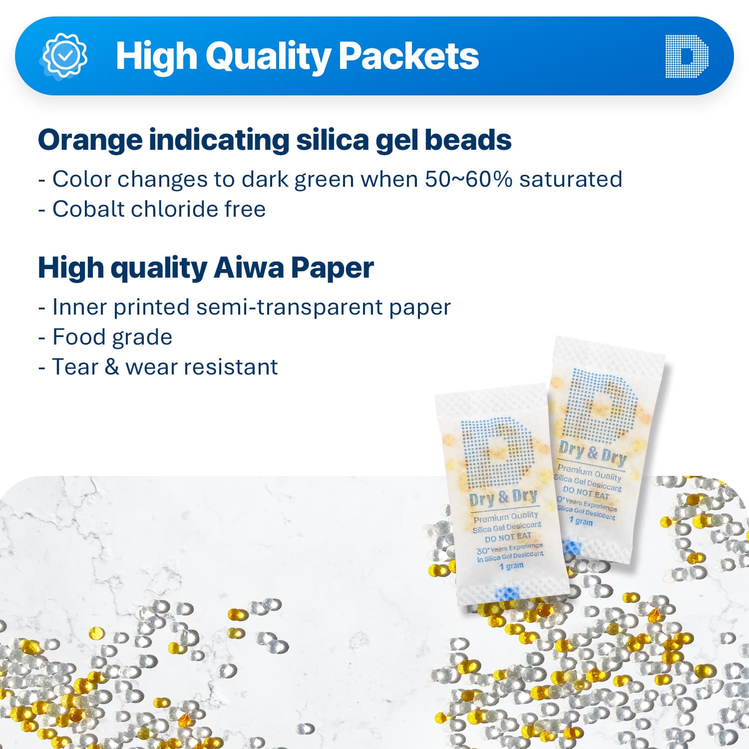 1 gram X 200 PK "Dry & Dry" Food Grade Orange Indicating Silica Gel Packets 2