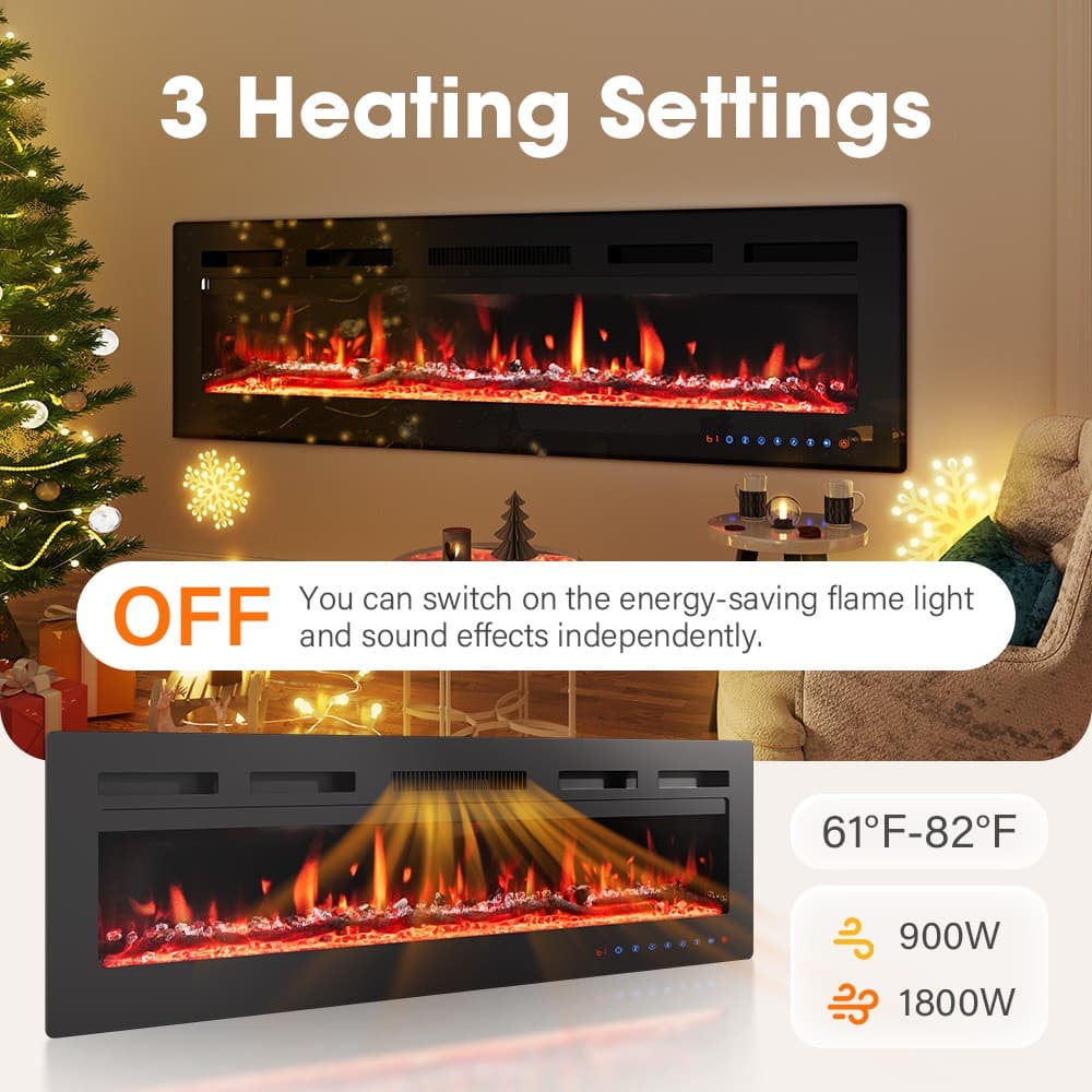 40/50/60" Electric Fireplace Recessed insert or Wall Mounted Standing Heater 4
