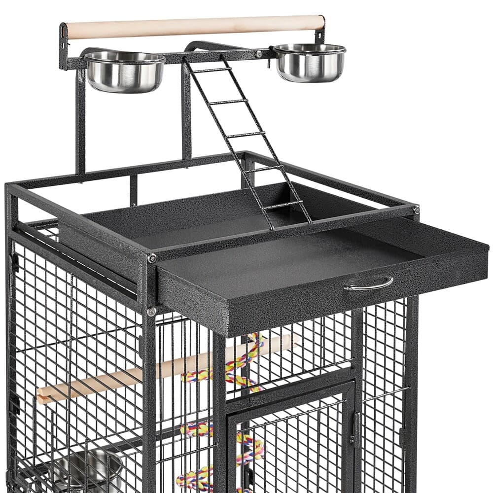 68/61-Inch Large Parrot Bird Cage With Playtop/Rolling Stand/Bungee Rope, Black 6