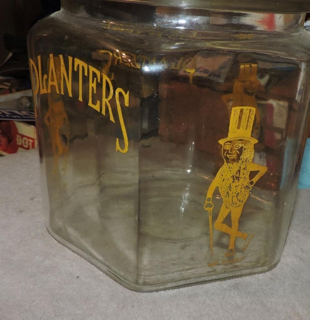 Antique Yellow Pyro Mr Peanut Country Store Display Jar W/ Figural Peanut Lid 2