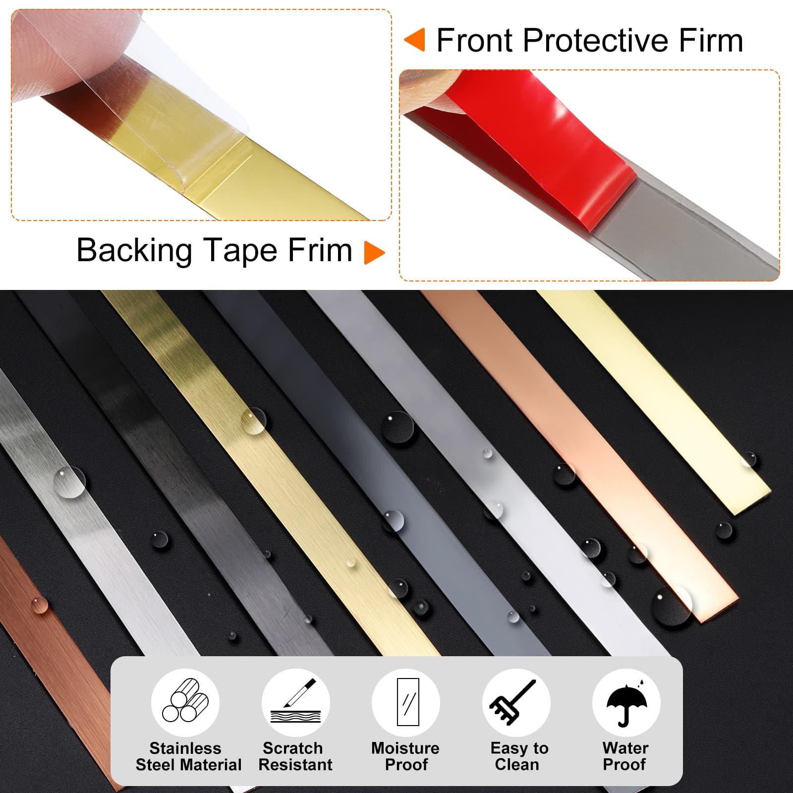 39.4ft x 1.18" Wall Trim Self Adhesive Stainless Steel Mirror Finish Trim Golden 3