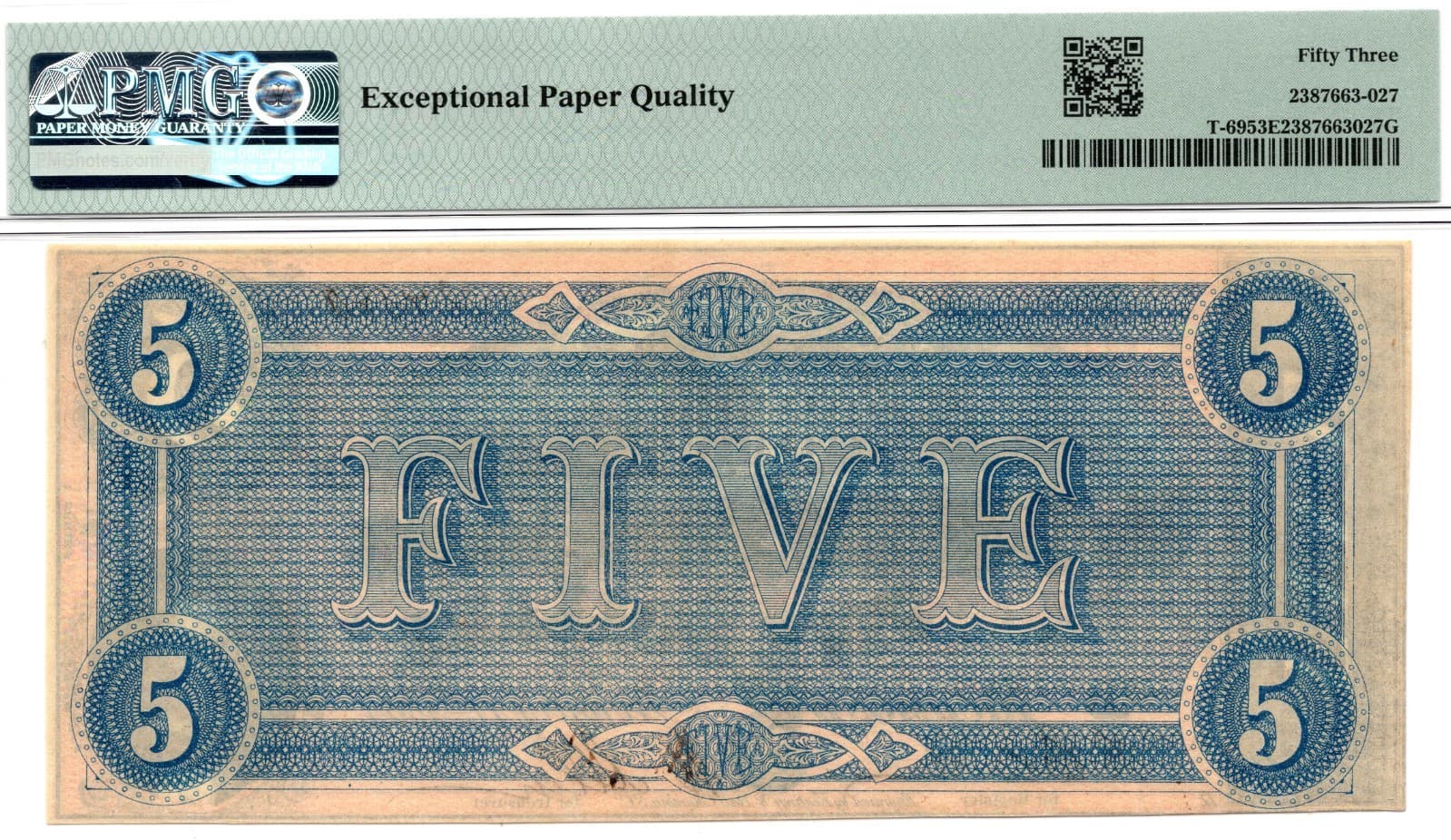 1864 $5 Confederate States of America T-69 PF-3 Note -PMG AU53 EPQ! Great Color! 4