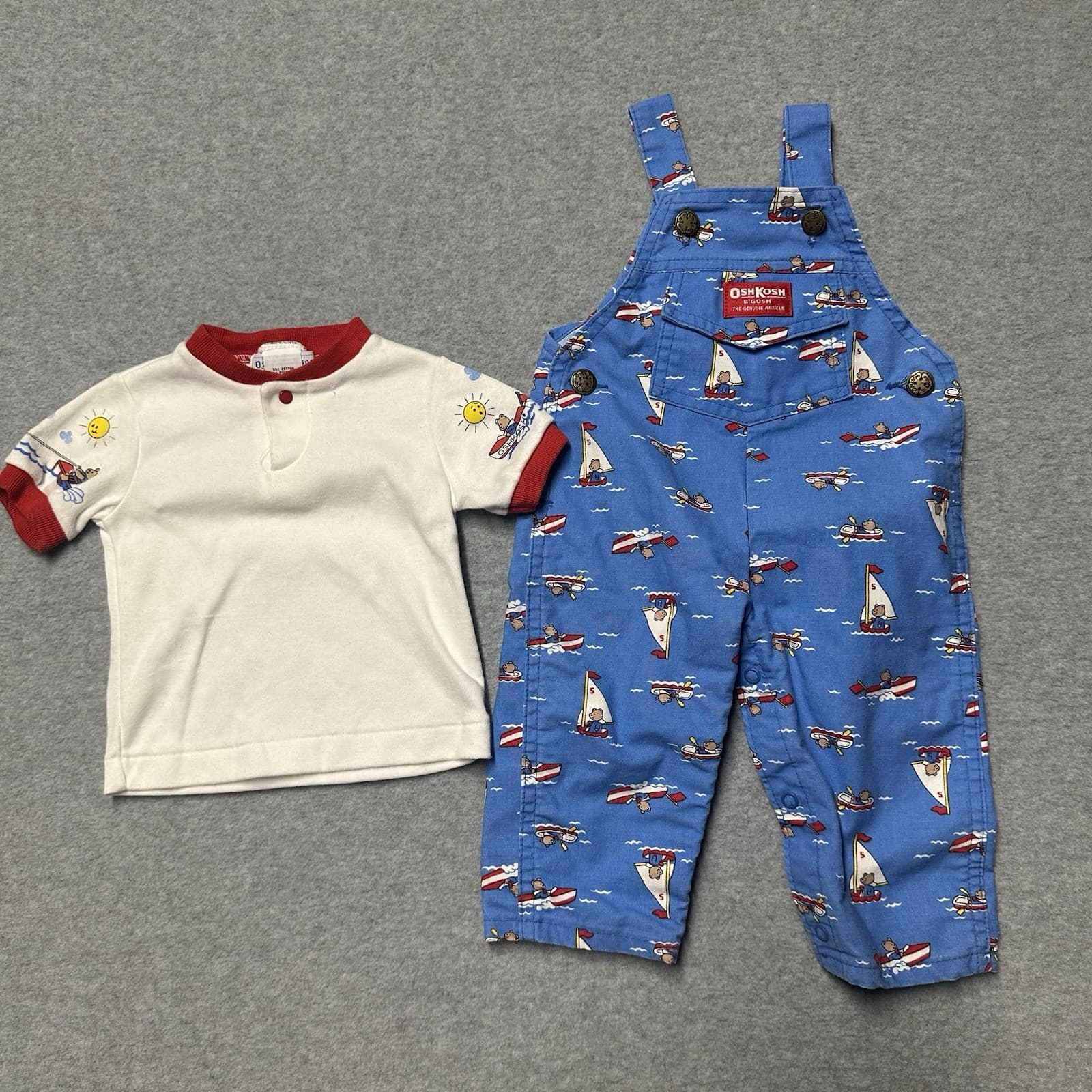Vintage OshKosh B’gosh 80s 6-9 Months Overalls Boats Boys Infant Set USA Vestbak 2