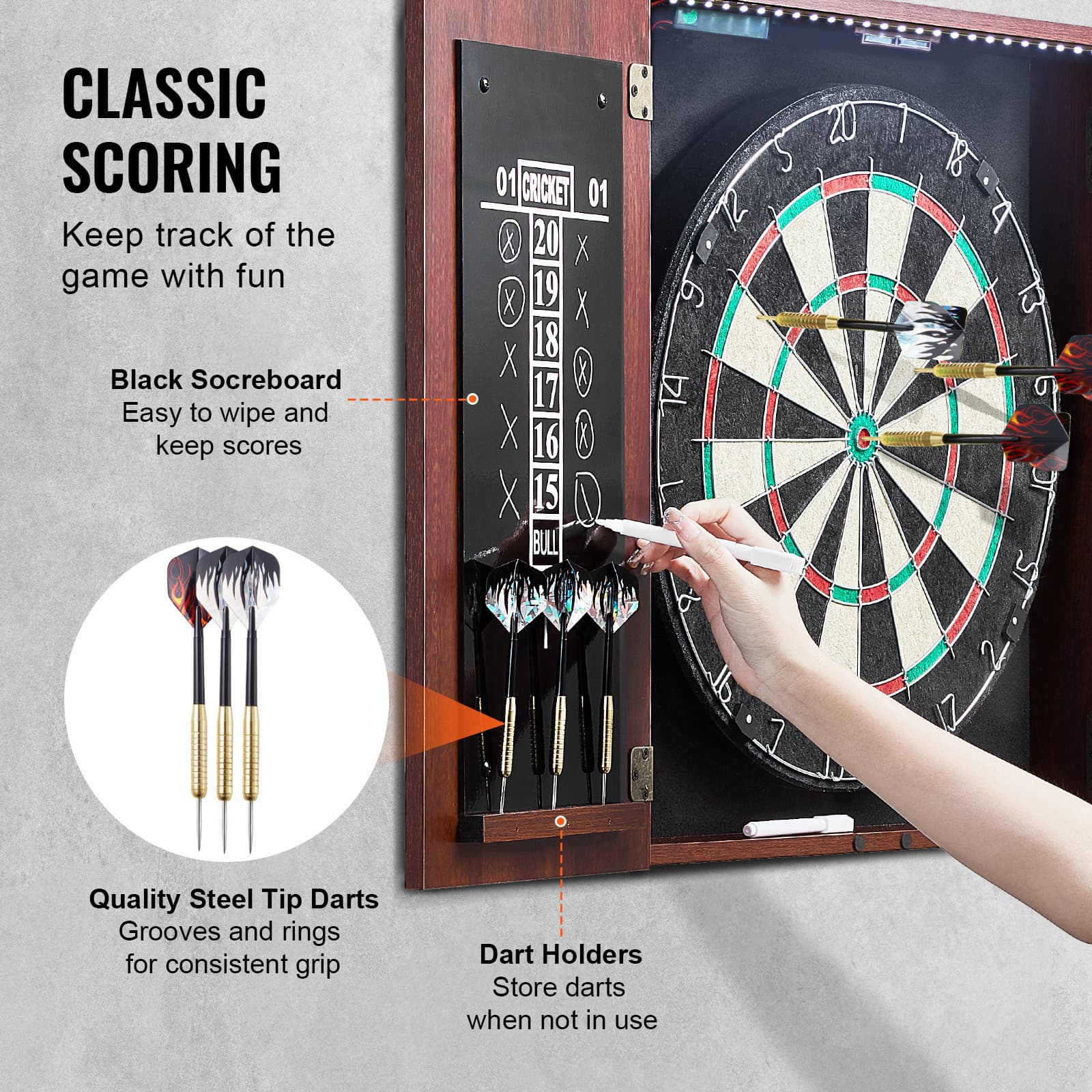 Uimoso LED Dartboard and Cabinet Set Official Size Complete Steel Tip Dart 4