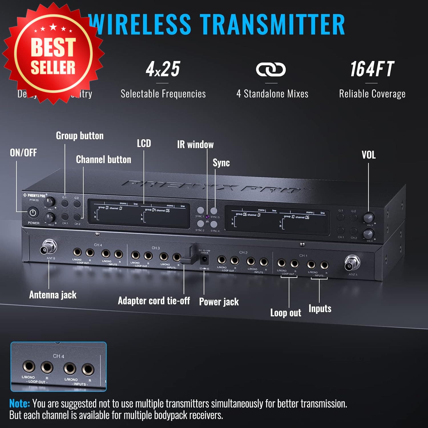 Quad-Channel Wireless In Ear Monitor System 4 Bodypacks UHF Frequencies US 2