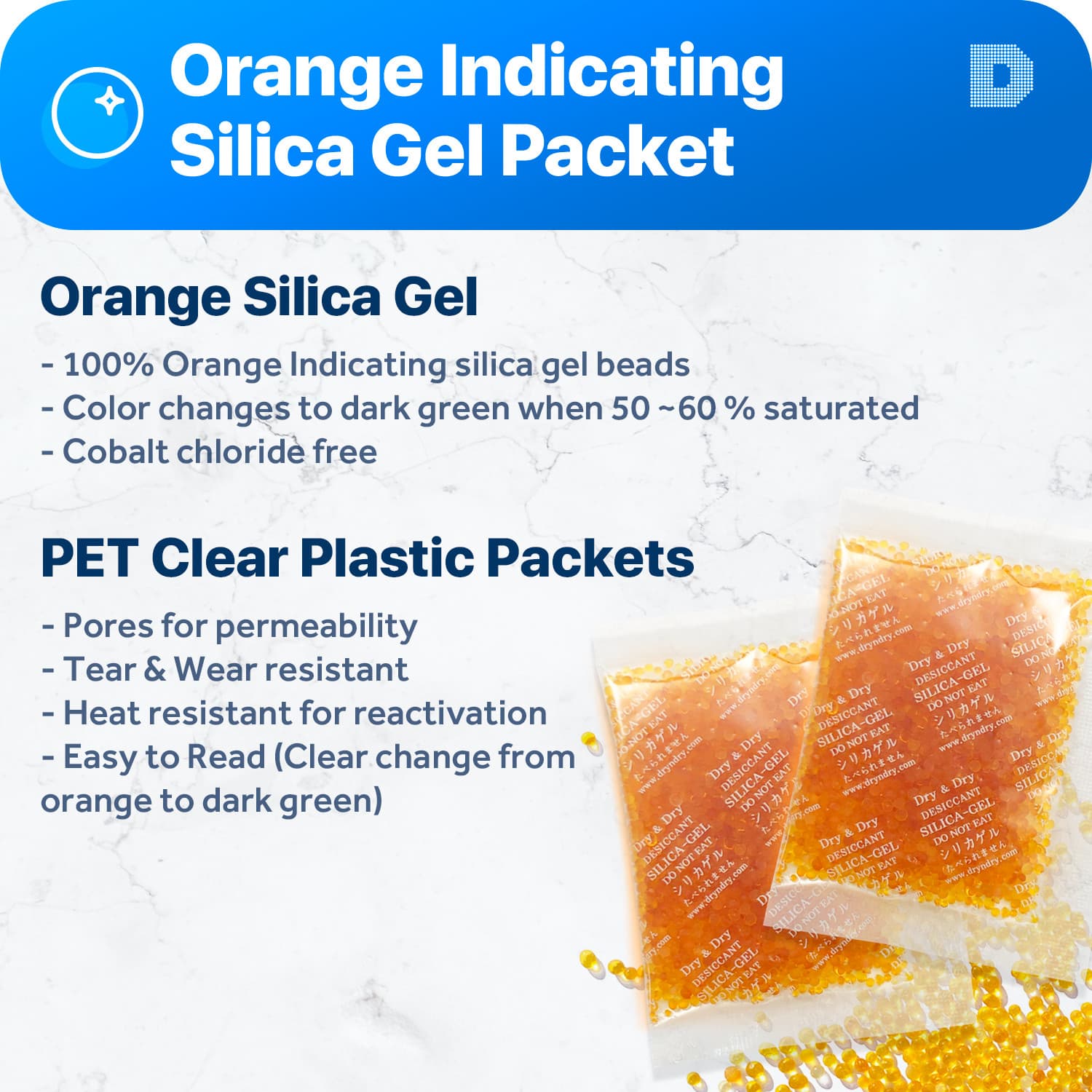 [100 Packs]20 Gram " Dry & Dry" Orange Indicating Silica Gel Packets - Reusable 2