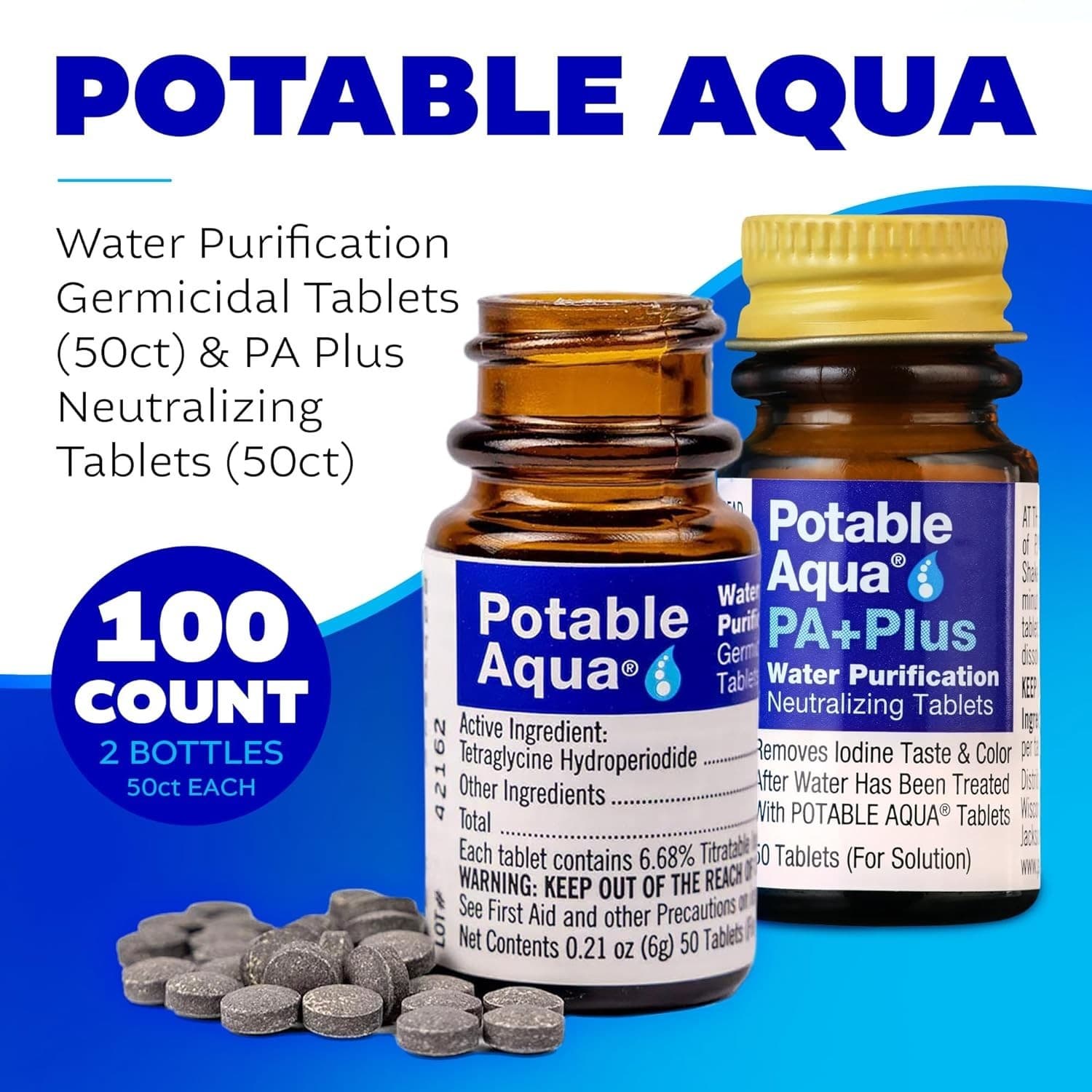 Potable Aqua Water Purification Tablets with PA Plus, 2 Bottles of 50 Tablets 3
