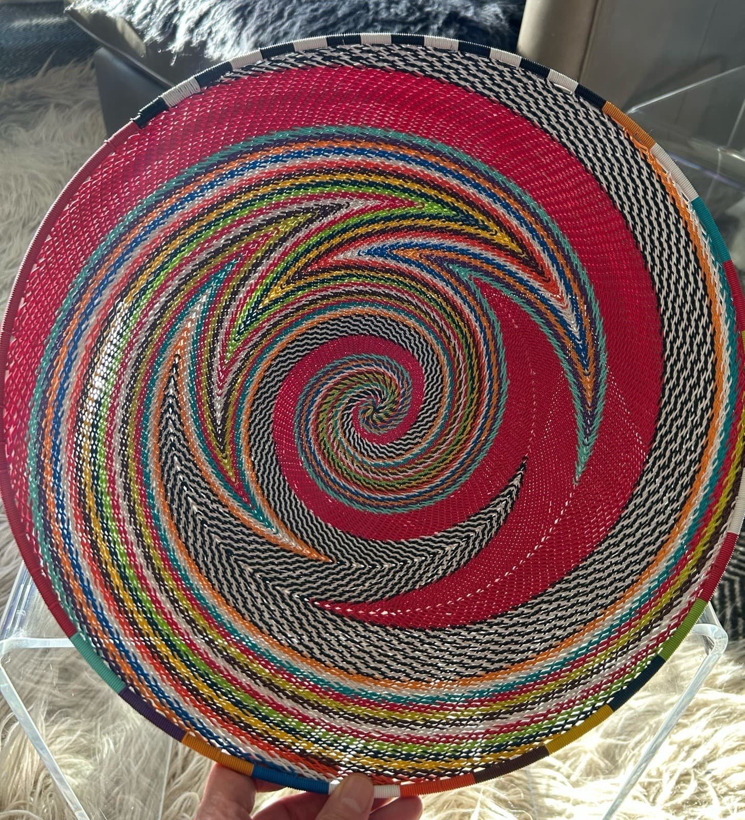 South African Zulu Woven Telephone Wire Basket 12 Color Spiral Design, 14.5 inch 4