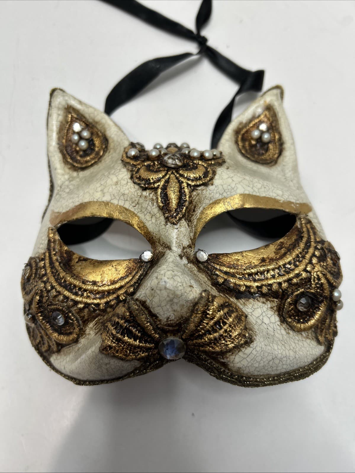 Masquerade Mardi Gras Cat Mask W/Jewels Handmade From New Orleans 7” x 6” 3