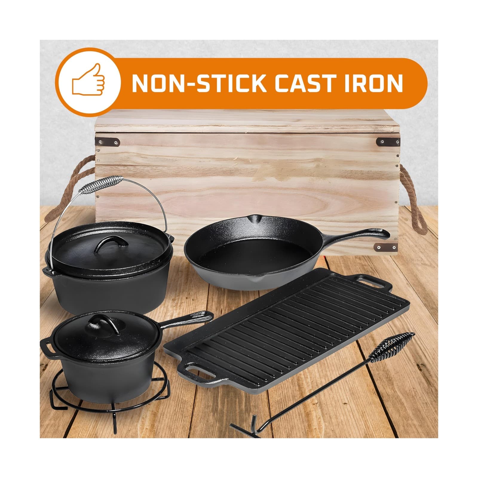 Bruntmor Camping Cooking Set of 7. Pre Seasoned Cast Iron Pots and ... Fast Ship 5