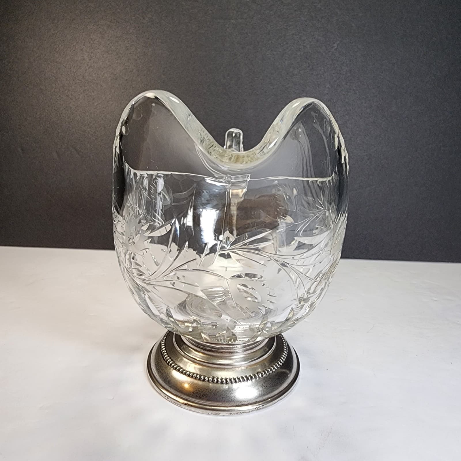 Vintage Frank M. Whiting Etched Glass Gravy Boat Sauce Dish Sterling Silver Base 4