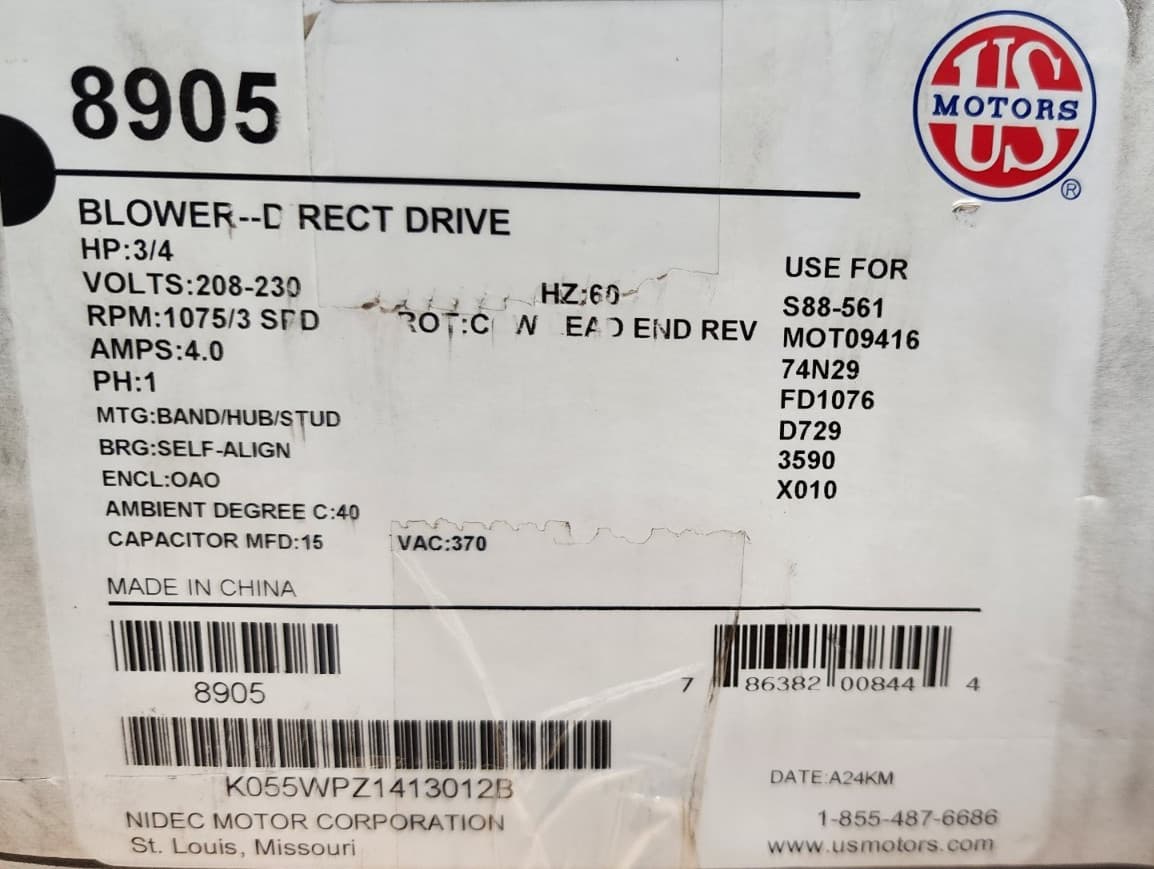 US Motors 8905 Blower-Direct drive HP 3/4, Volts 208-230, 1 PH        *PI 2