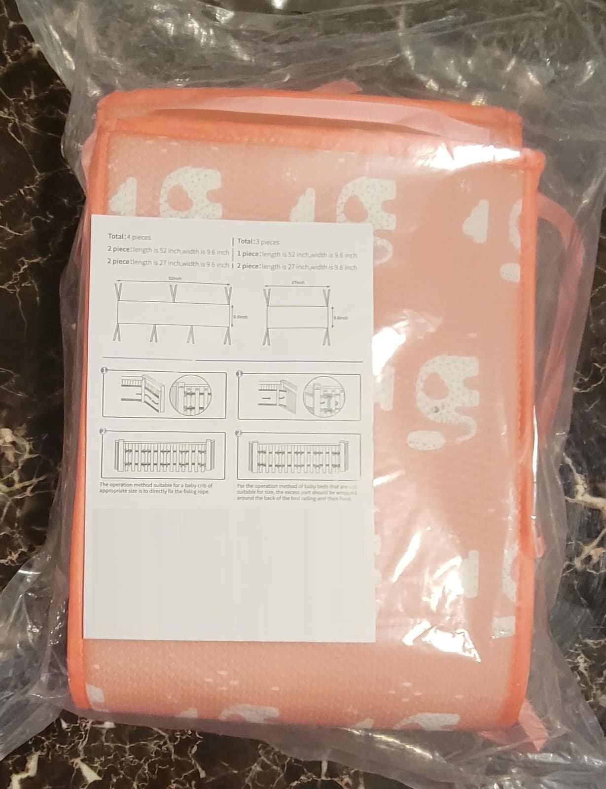 Breathable Baby Crib Rail Covers 4 Pieces Liners Pink Elephants 9" High Sides 3