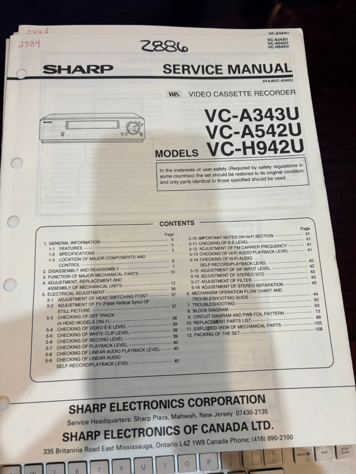 ORIG. SHARP VC-A343U VC-A542U VC-H942U VCR Service Manual 2384 2603 *ORIGINAL*