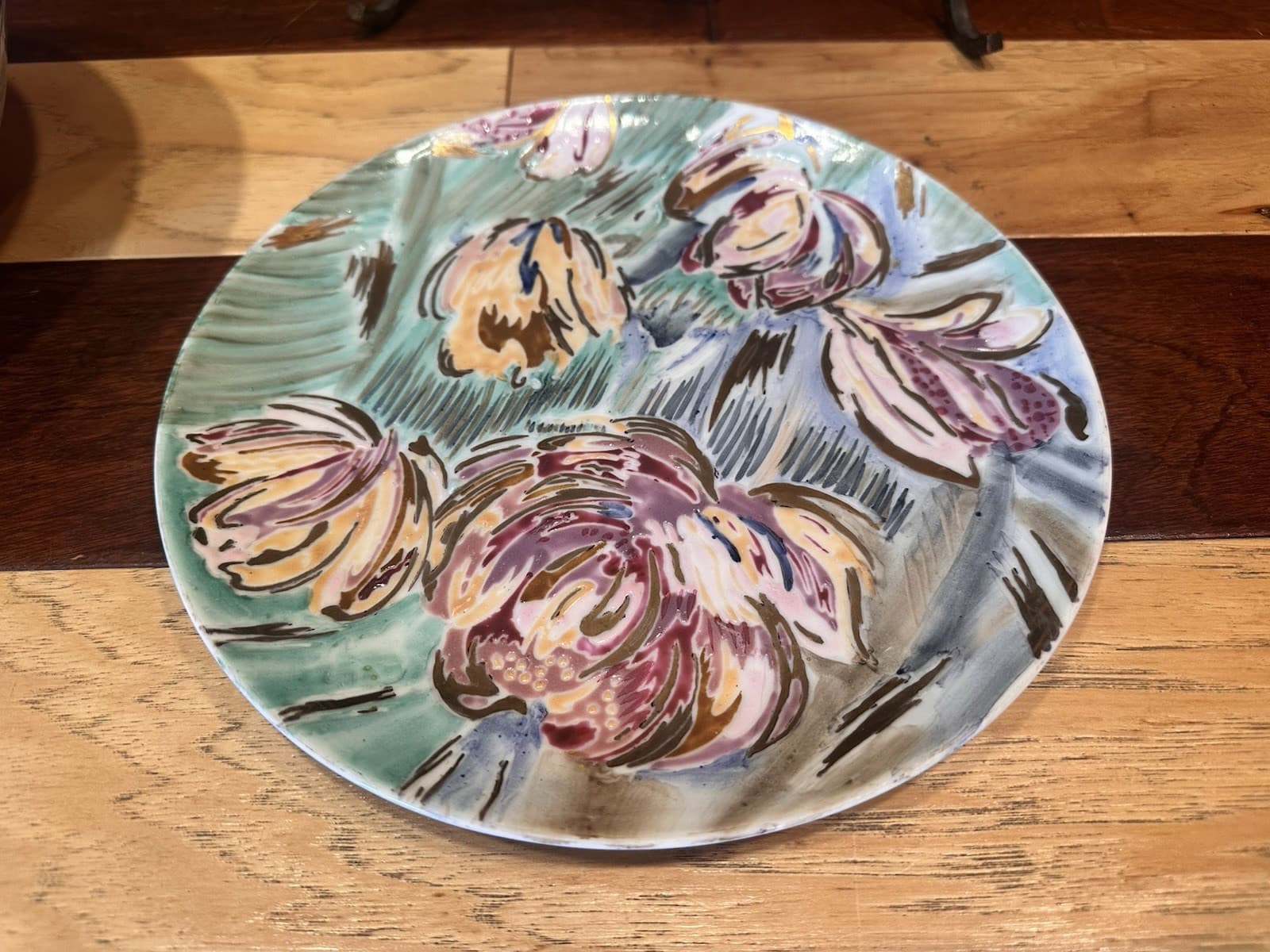 CHINA TRADER DECORATIVE IMPRESSIONISM FLORAL 10" BOWL & PLATE GOLD PINK BLUE SET 5