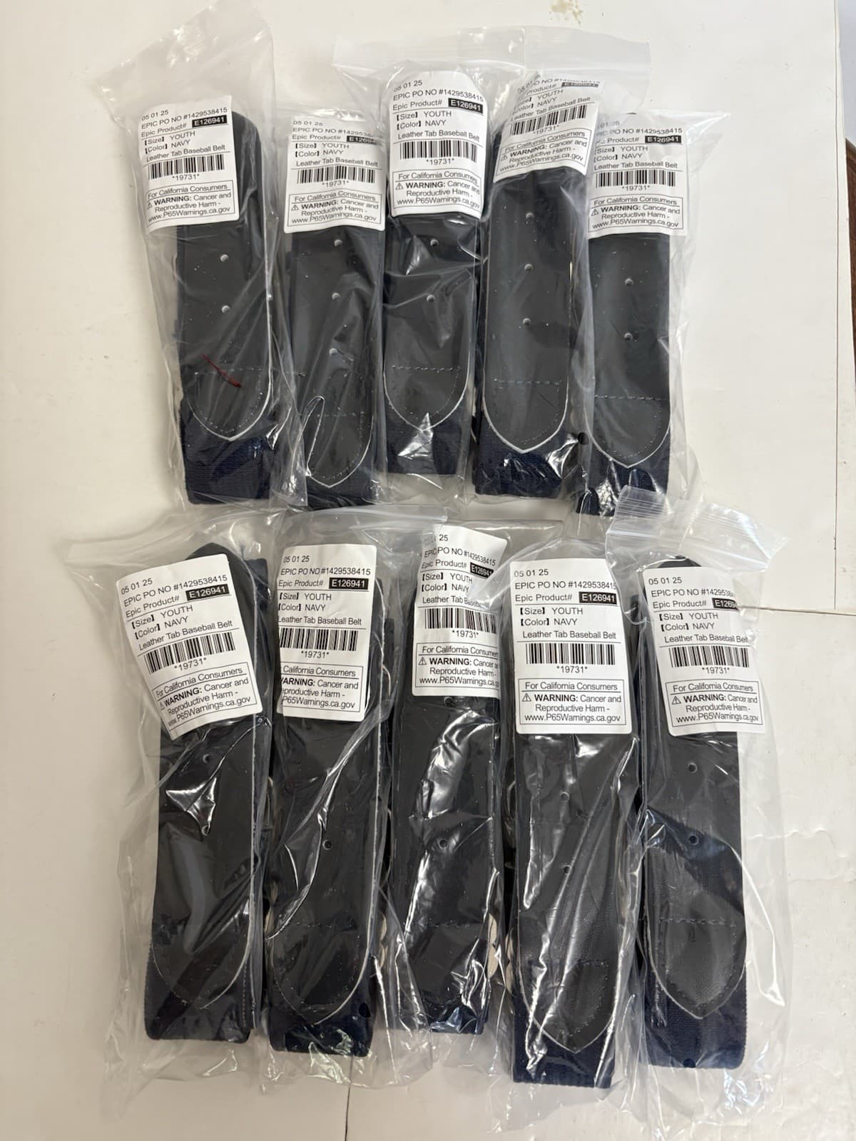 Lot Of 10 Epic #E126941 Youth Navy Blue Baseball Belt With Leather Tab New