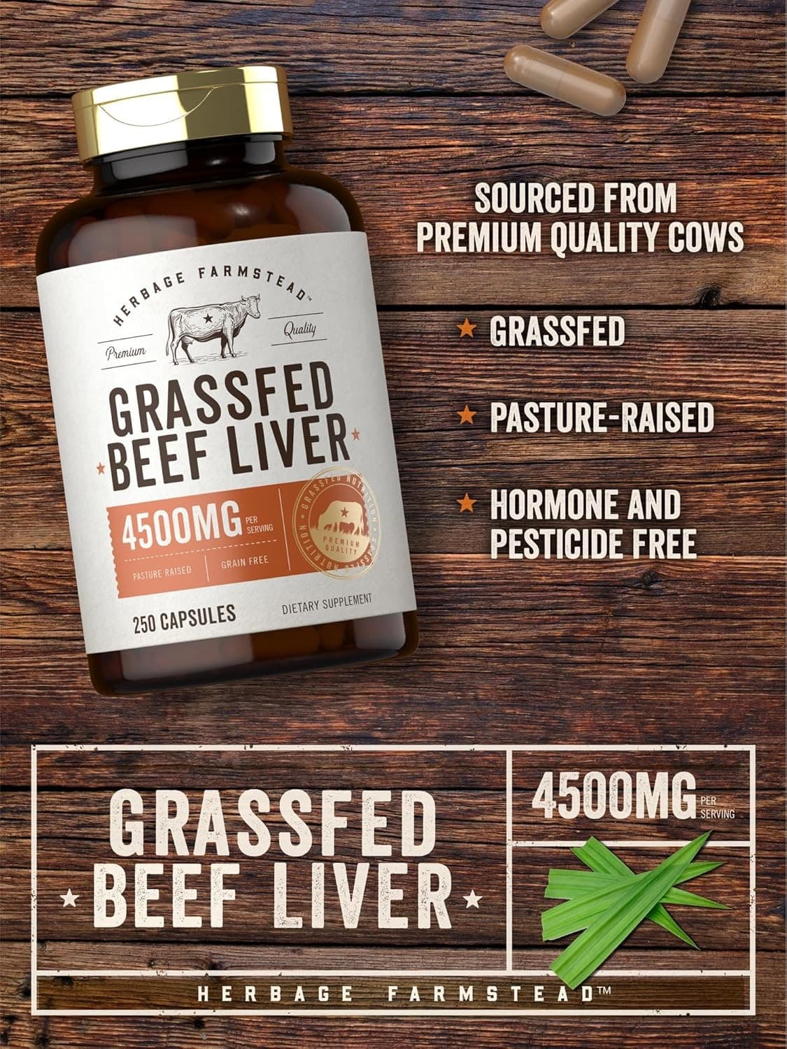 Grass Fed Beef Liver 4500mg | 250 Capsules | Non-GMO | by Herbage Farmstead 4