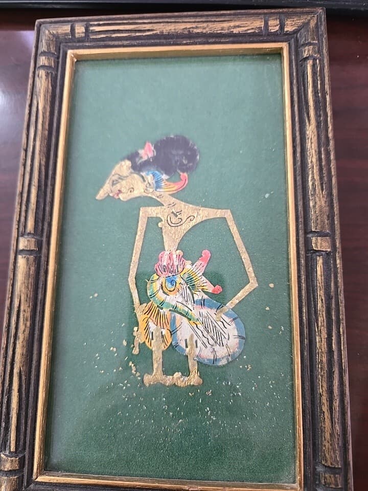Vintage Java Bali Indonesea Folk Art Shadow Puppet In Frame