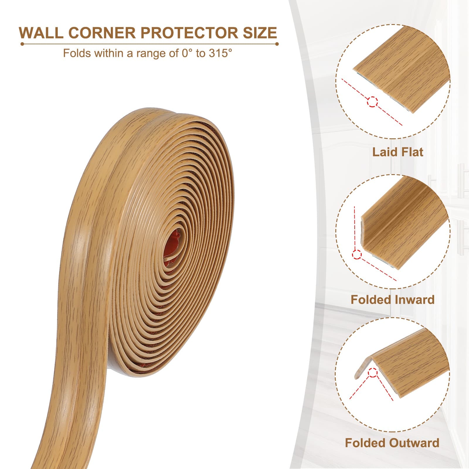 Wall Corner Protector 0.8 in x 9.8 Ft Self Adhesive Wall Guard Yellow Oak Grain 3