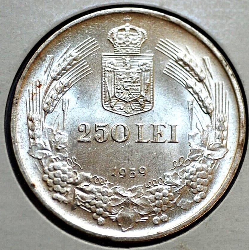 RARE Romania 1939 250 LEI  Silver Coin  KM #57  * Top Grade! 3