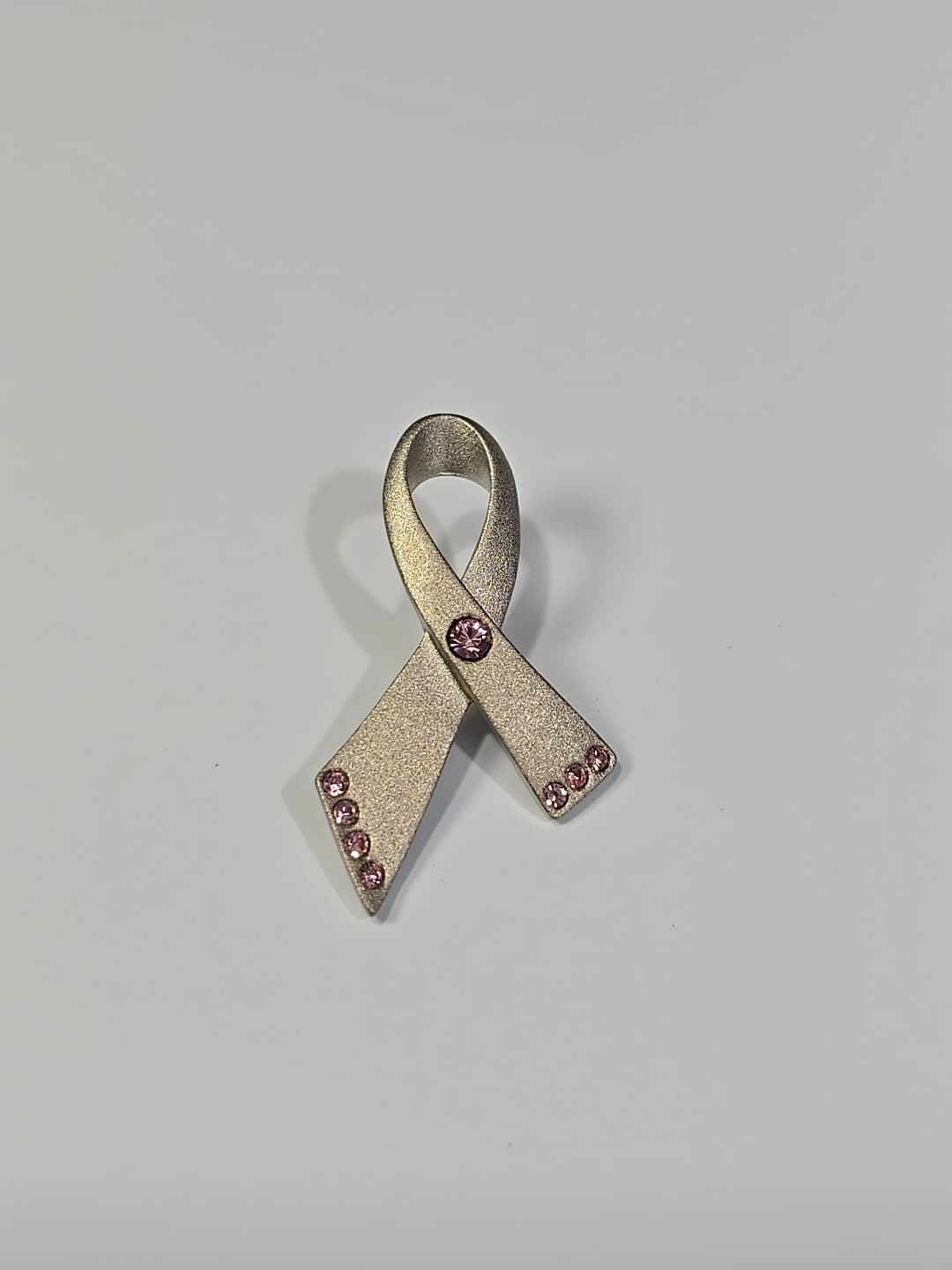 Avon Lapel Pin Silver Ribbon With Faux Pink Jewels Cancer Awareness