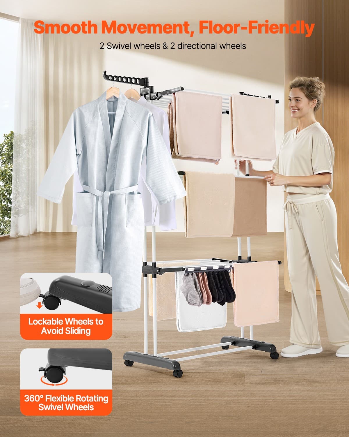 VEVOR 4-Tier Foldable Clothes Drying Rack with 24 Drying Poles and 4 Castors 4