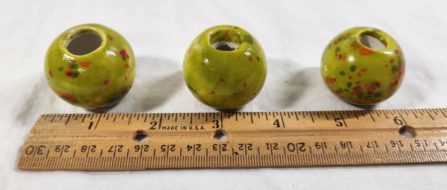 3 Vtg Green Specked Round Ceramic Macrame Beads 5