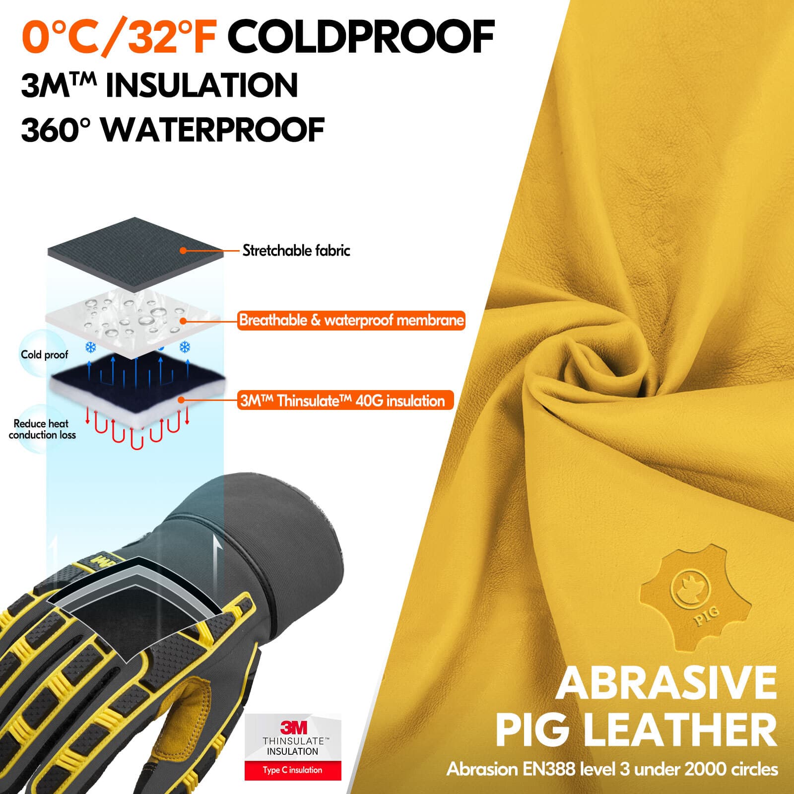 Vgo 1Pair 32°F Lined Winter Waterproof Pig Leather Work Gloves (PA7756FLWP-GRA) 2