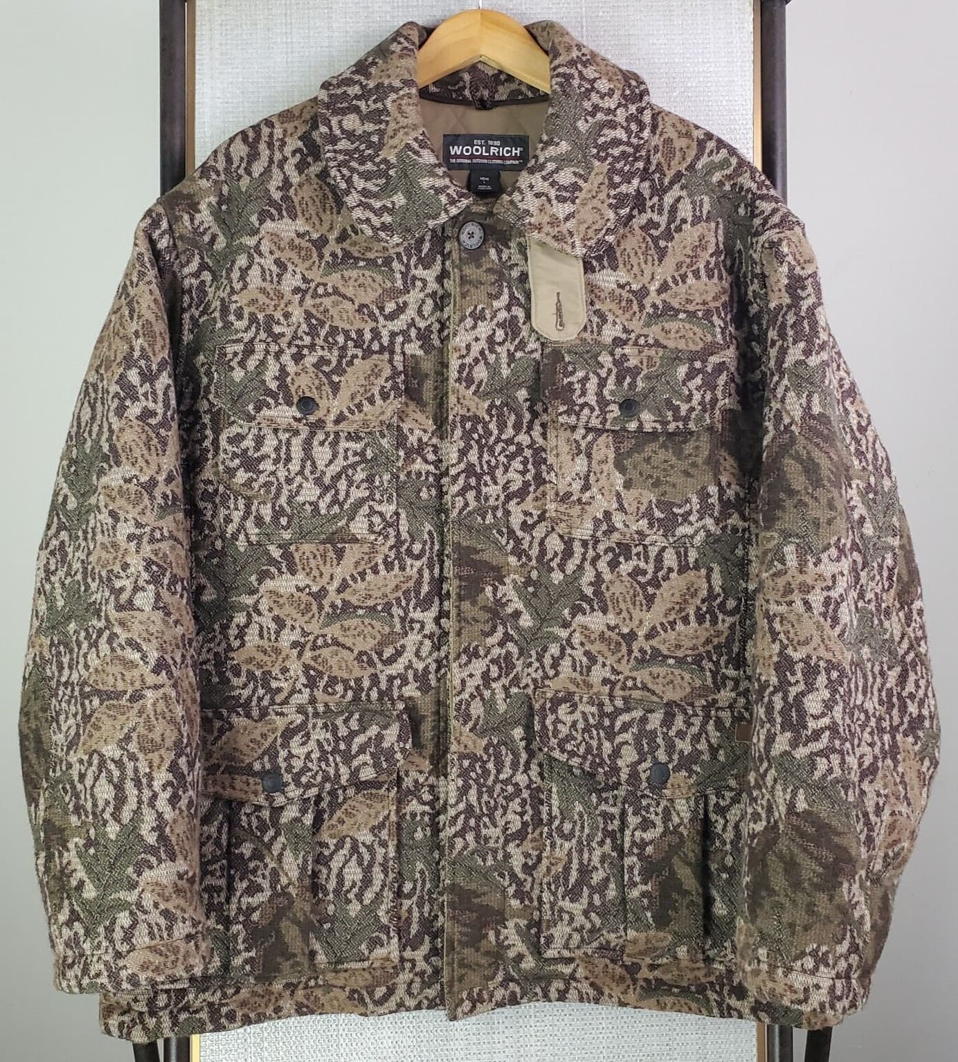 Rare WOOLRICH Size Large Mens Wool Camouflage Field Jacket Coat Button Front