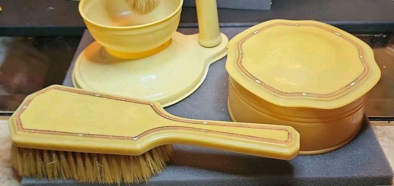 Antique Fuller Signed Celluloid Barber Shaving Set w/Mirror, Brush, & Powder Jar 2