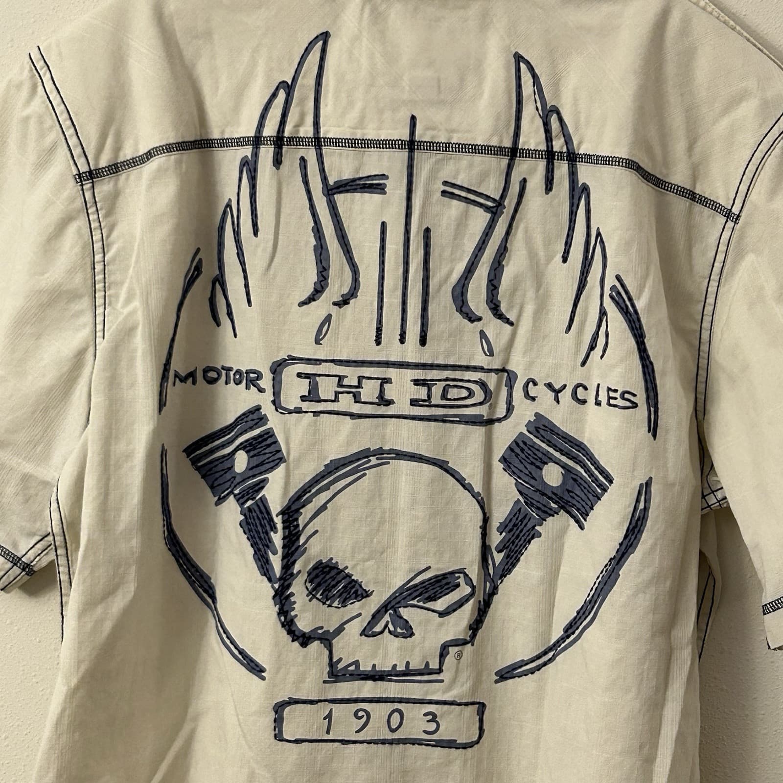 Mens Harley Davidson Shirt Large Motorcycle Skull Button Up Pocket Blue Stitch 5