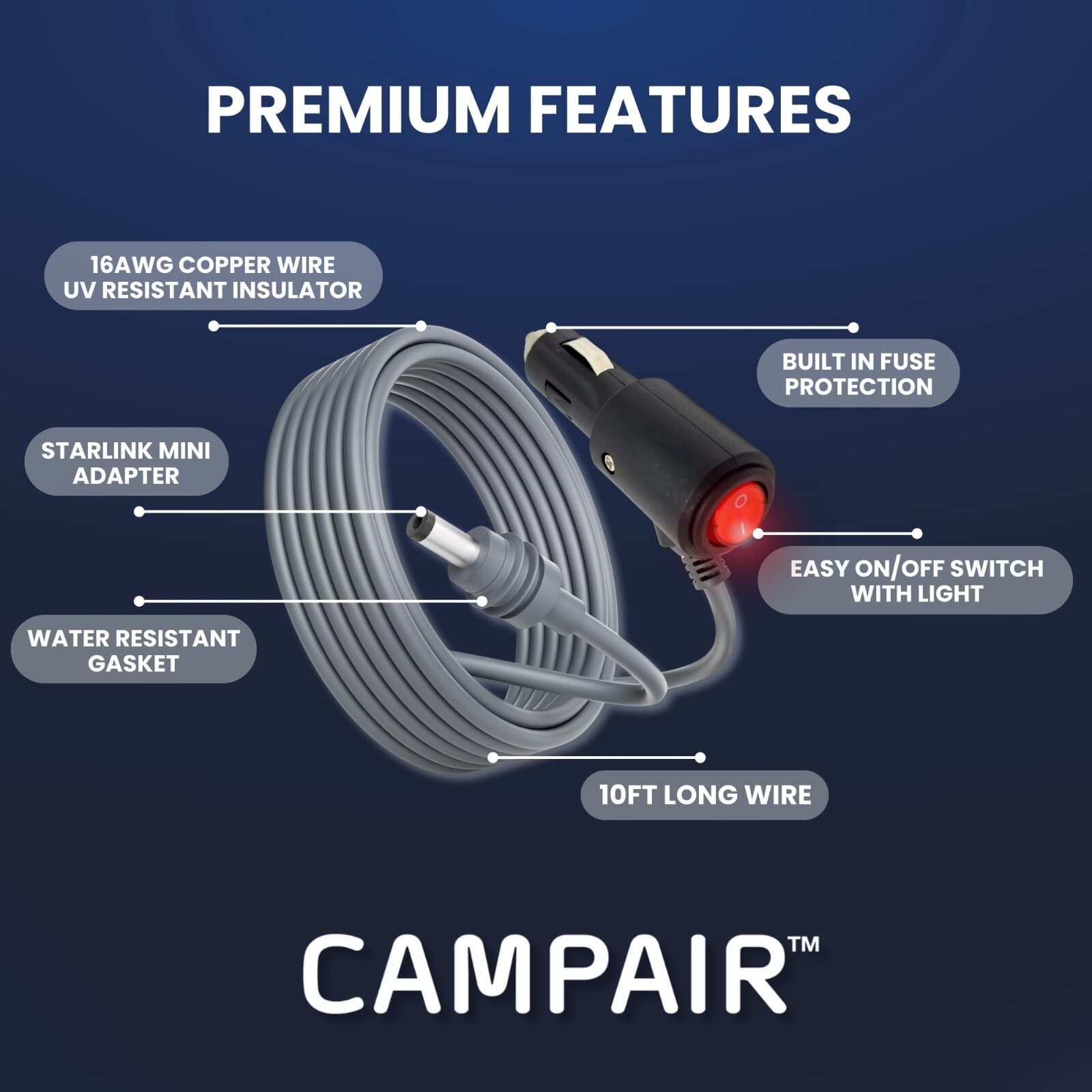 Starlink Mini 12V / 24V Power Car Adapter - 10FT - 16AWG Heavy Duty, With Switch 5