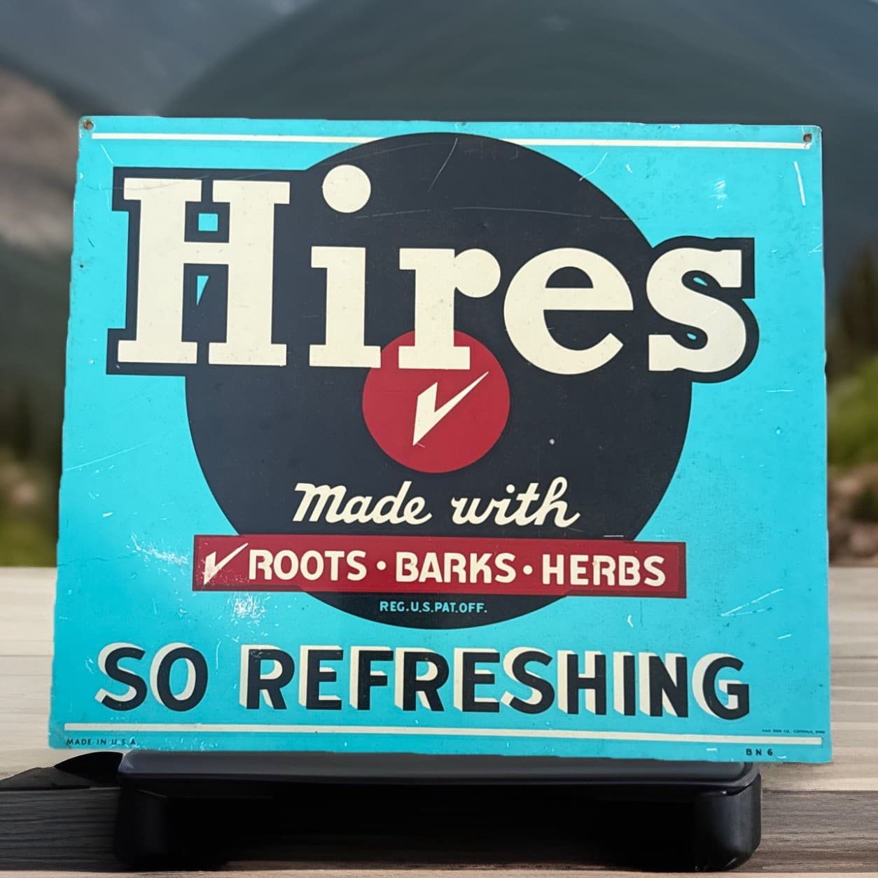 Vintage 1950’s 13 3/4” X 11.5” Hires Root Beer Tin Tacker AAA Ohio Sign