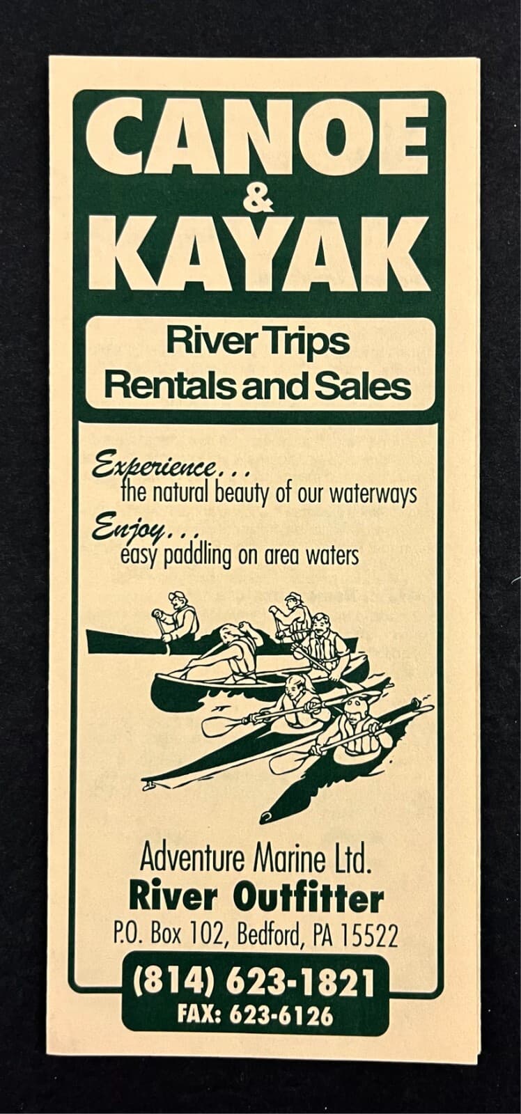1980s Bedford PA Adventure Marine River Canoe Kayak Trips VTG Travel Brochure