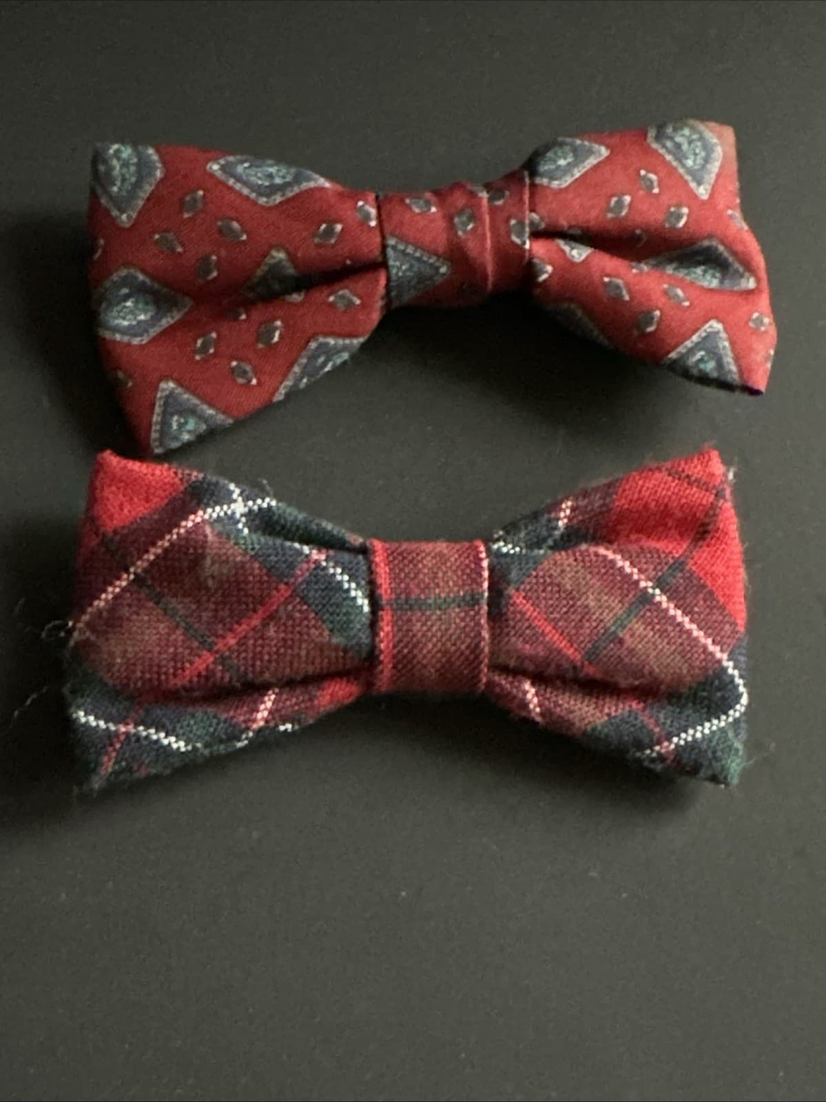 2 Vtg Kids Clip On Bow Tie Royal Rust Resistant Red Plaid Diamond 4
