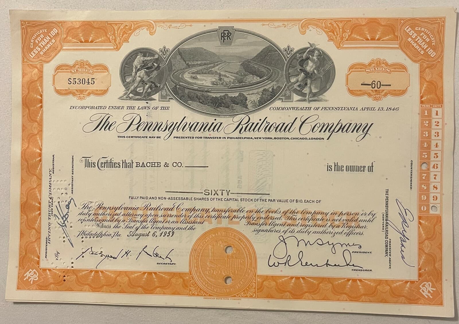 Vintage 1950s - 1960s Pennsylvania Railroad Stock Certificate, Horseshoe Curve O 2