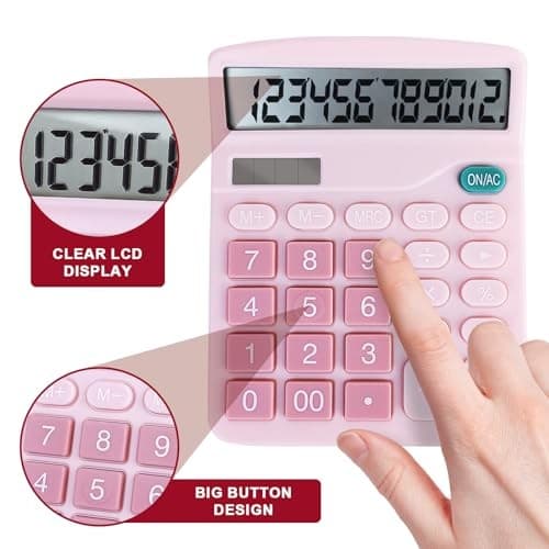 Basic Calculator with Comfortable Large LCD Display, 12 Digits Calculators Pink 6