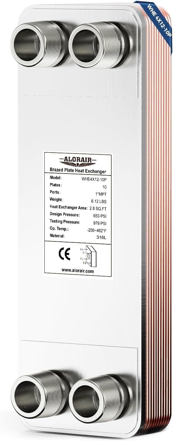 ALORAIR 10-40P 4"x12" Brazed Plate Heat Exchanger, 1" MPT Ports, 316L St.Steel