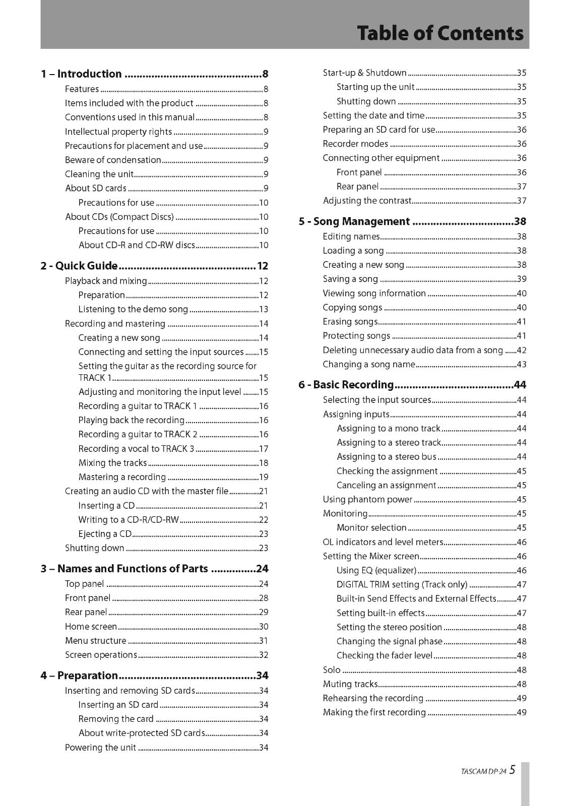 Tascam DP-24 Instruction Manual User Guide Coil Bound 108 Pages 2