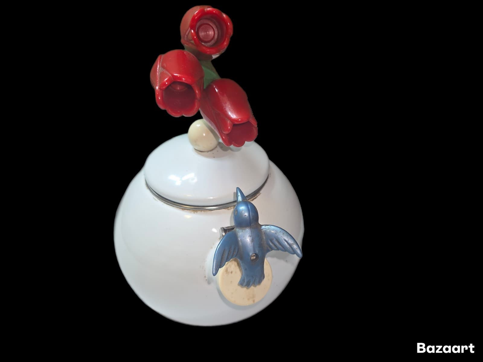 VINTAGE 1990S VIA ANCONA HUMMINGBIRD AND TULIPS ENAMEL WHISTLING TEA KETTLE 2