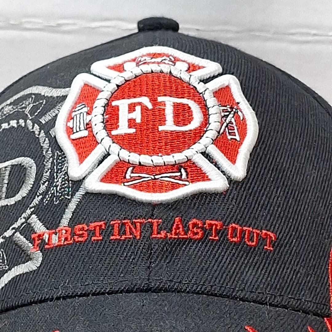 Vintage Fire Department Embroidered Black "First In Last Out" Flames Cap Hat 2