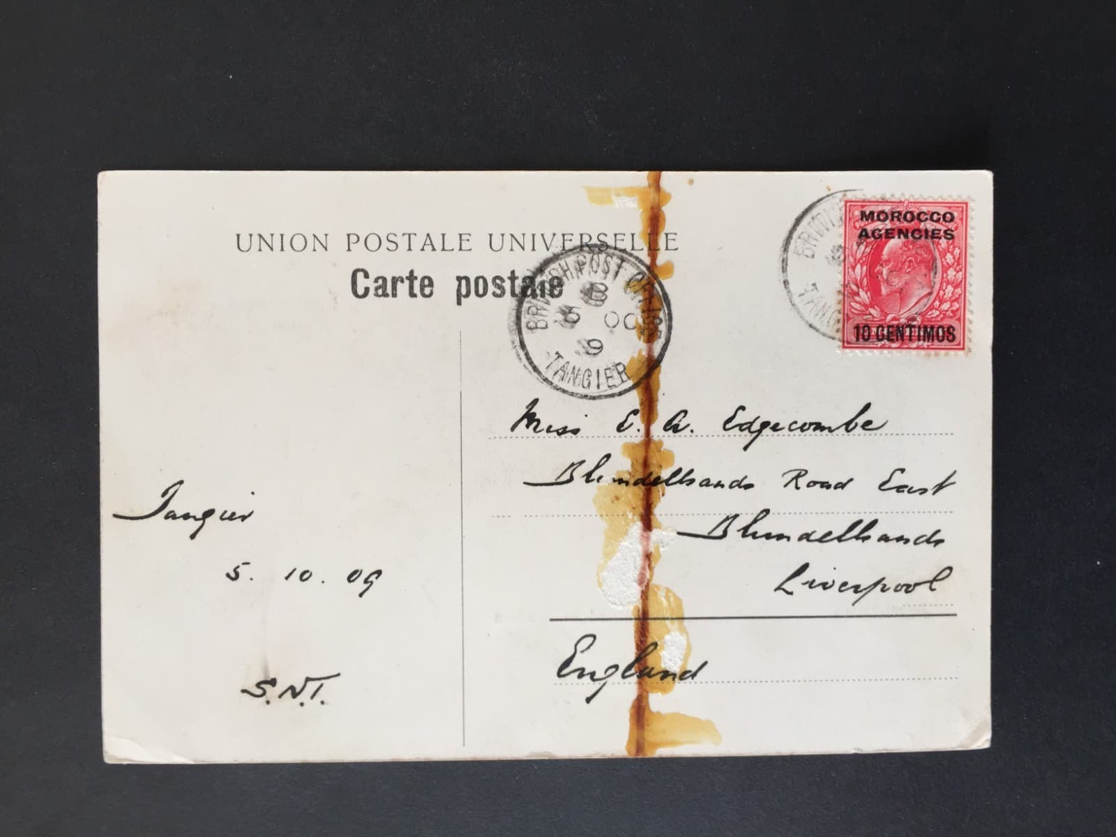 GB 1909 10c MOROCCO AGNCS ON 1d + BR P.O. TANGIER POSTMARK 0N PC TO LIVERPOOL