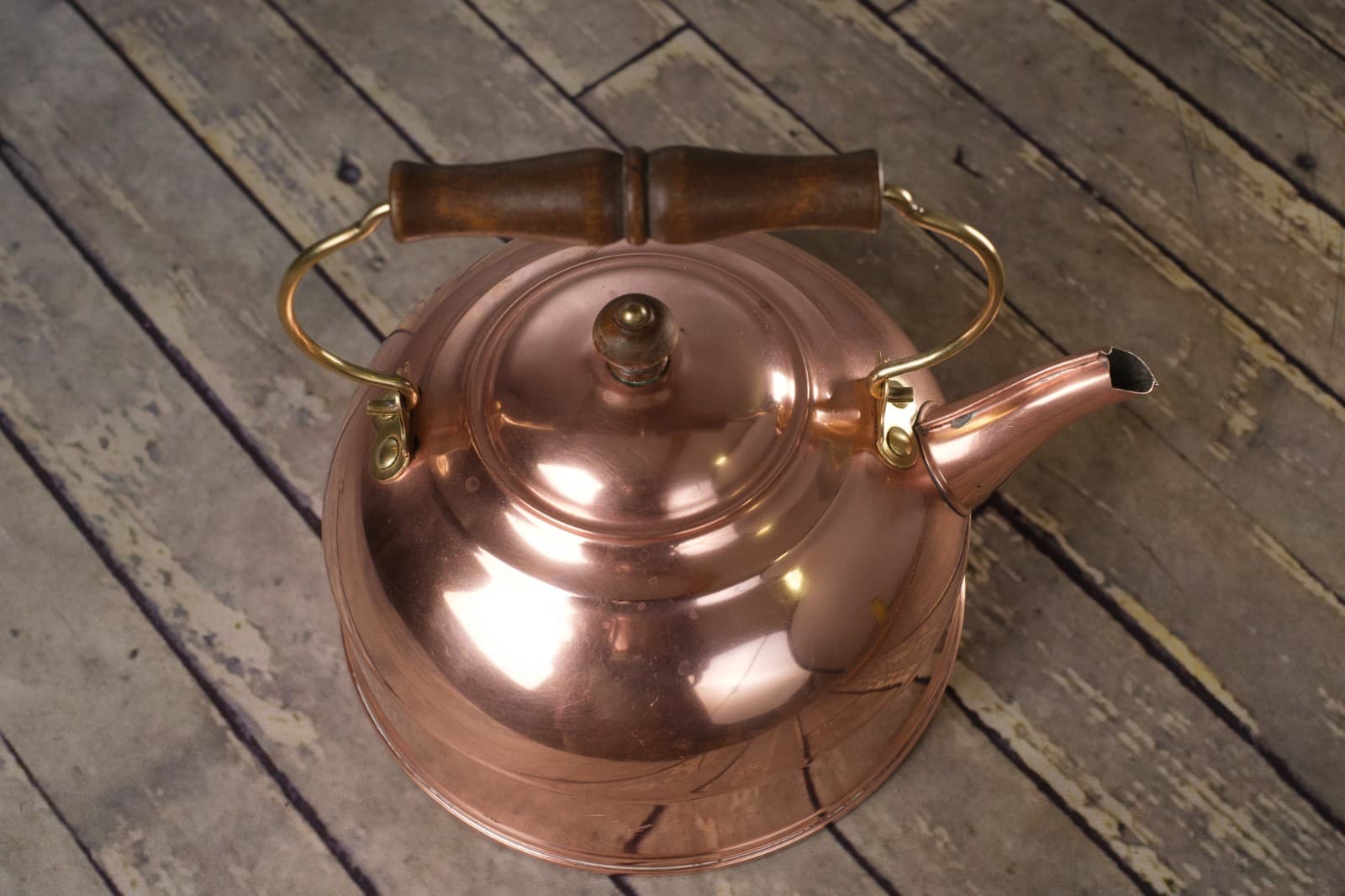 REVERE WARE Copper & Brass Tea Kettle 2 Quart Rome New York Wooden Handle Lid 2