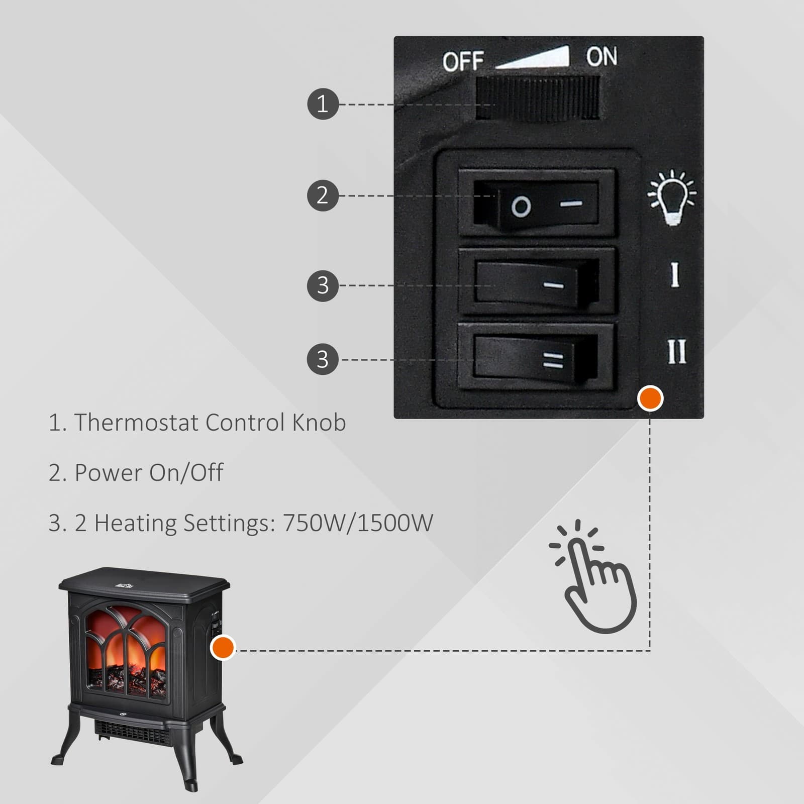 750W/1500W Small Electric Fireplace Stove Space Heaters for Indoor Use Log Flame 5