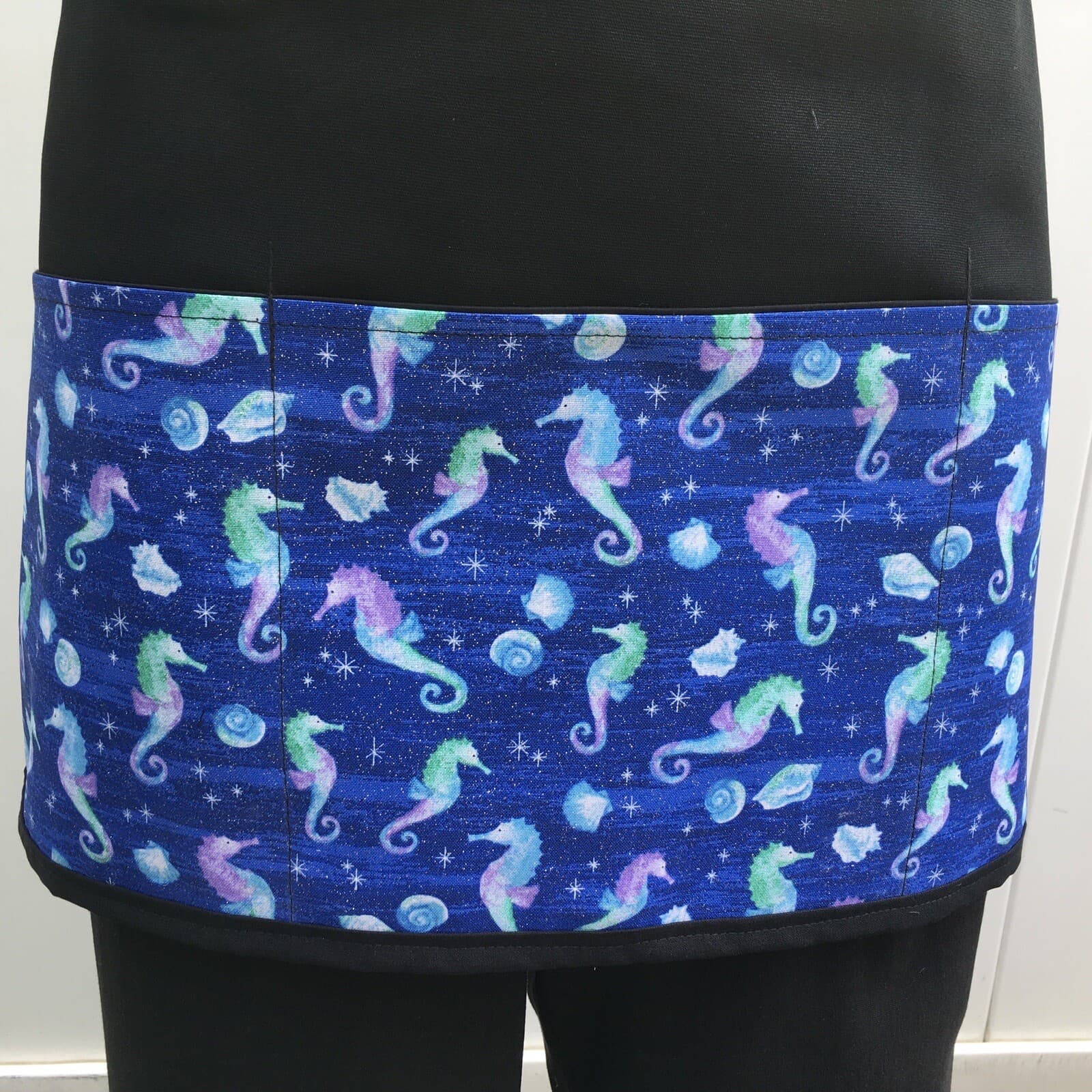Tropical Seahorses Glitter Server waitress waist apron 3 pocket restaurant Bk