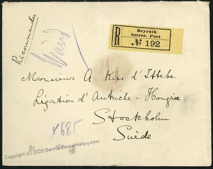 Austria Beirut Reg Letter Baron Anton Kiss Katharina Schratt Son Sweden 33831