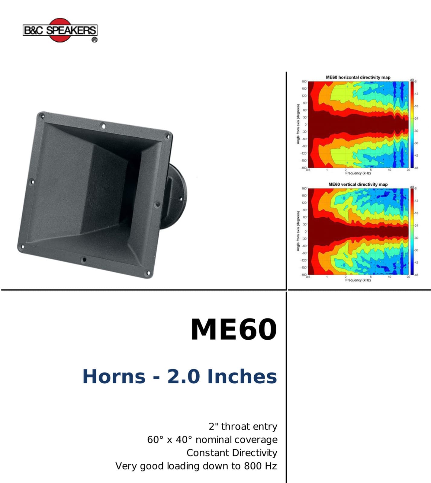 B&C ME60 2" Constant Directivity Cast Aluminum Horn 60x40 4-Bolt 800Hz 2"Flare 2